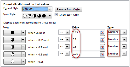 Pie chart iconset settings - conditional formatting