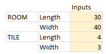Inputs for room & tiles model in Excel