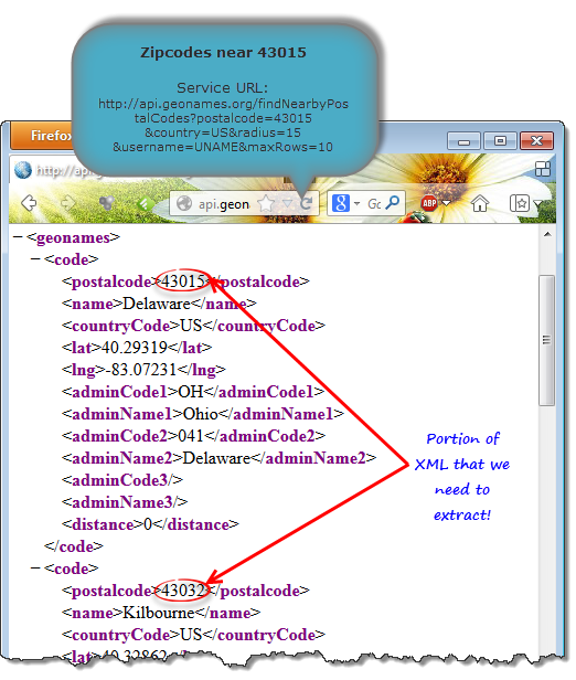 XML output provided by geonames.org - Finding nearby zip codes using Excel 2013 Web formulas