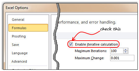 Enable Iterative Calculation mode to get Circular References work