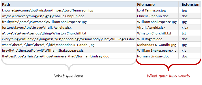 Extracting file names from full path using Excel formulas - how to?