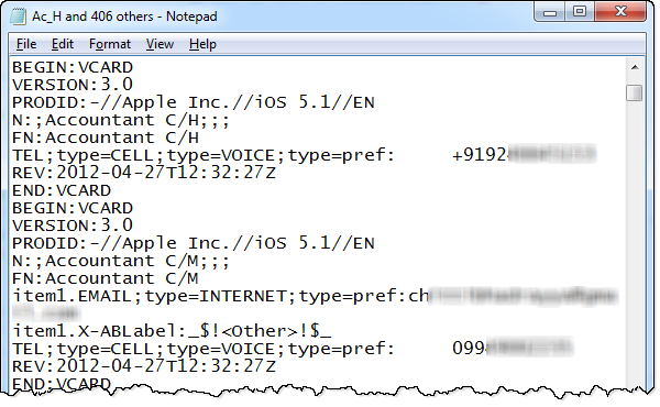 Example VCF file format - how to export iPhone contacts to Excel