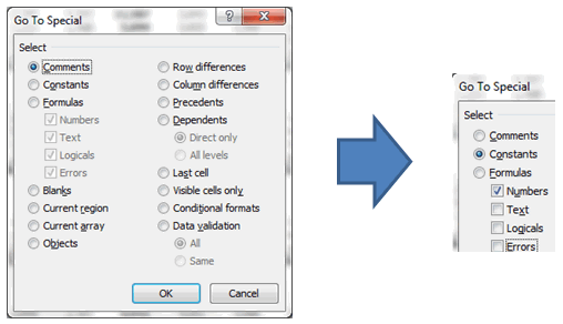 Goto Special Highlighting Numbers - Excel's Auditing Functions