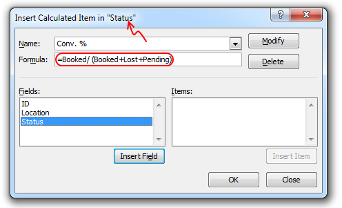 Calculated item for conversion percentage - Excel pivot tables