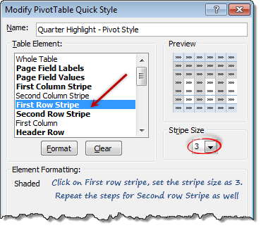 Edit styles - Pivot table formatting - setting row stripe sizes