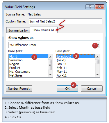 Showing monthly differences in pivot report using value field settings