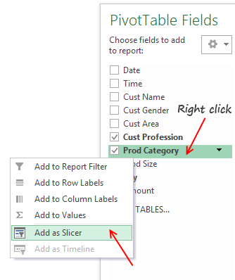 Add as slicer from Pivot table fields list
