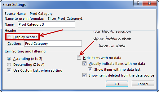Removing the headers & items with no data in slicers
