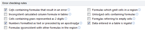 Error Checking options in Excel 2010