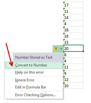 Converting numbers stored as text back to numbers - using Convert to number option from cell error