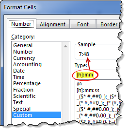 Custom cell formatting to show hours & minutes in Excel from fractional time