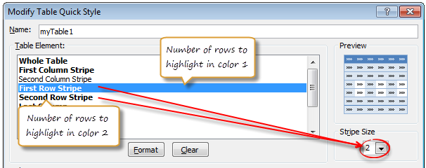 Customizing table style - set stripe sizes