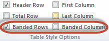 Turn on - off zebra lines / banded rows using table settings in Excel