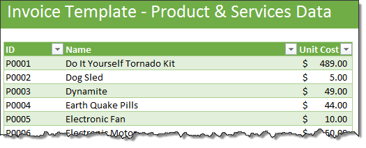 Free invoice template - data entry for products and services