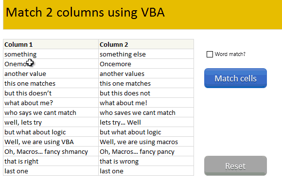 Compare 2 sets of data by letter or word & highlight mismatches [vba]