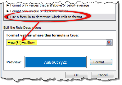 Conditional formatting rules to highlight row & column of a selected cell