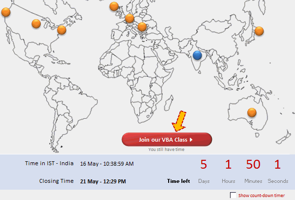 Count-down Timer App in VBA to Remind you about the VBAClasses Closing Time!!!