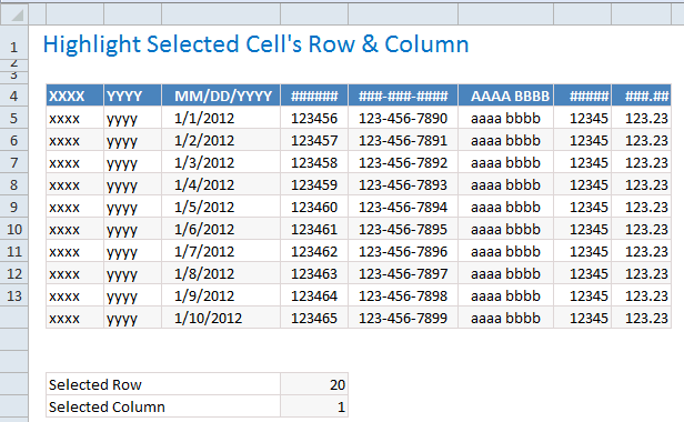 How to Highlight row & column of a selected cell using Excel & VBA