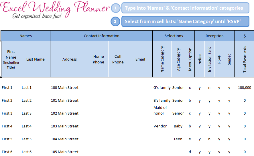 excel sheet dynamic name Wedding   Today FREE Download Excel Planner Template